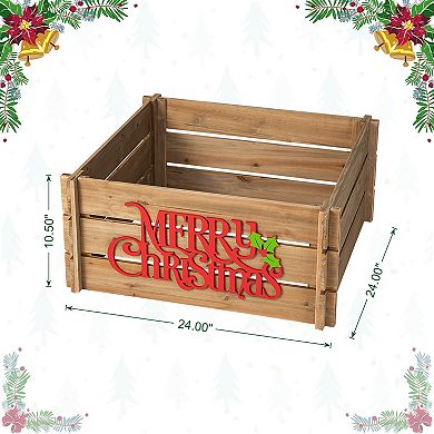 Glitzhome Wooden Crate Tree Collar, 24" L Merry Christmas Christmas Tree Base