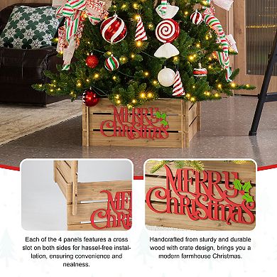 Glitzhome Wooden Crate Tree Collar, 24" L Merry Christmas Christmas Tree Base