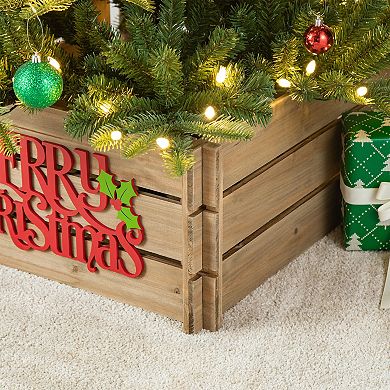 Glitzhome Wooden Crate Tree Collar, 24" L Merry Christmas Christmas Tree Base