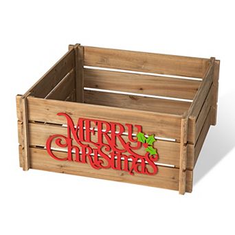 Glitzhome Wooden Crate Tree Collar, 24" L Merry Christmas Christmas Tree Base