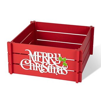 Glitzhome Wooden Crate Tree Collar, 24" L Merry Christmas Christmas Tree Base
