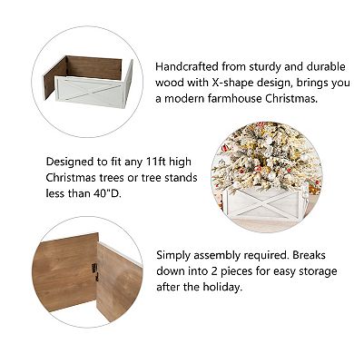 Glitzhome 32.25" L Washed White Wooden Tree Collar, Tree Stand Cover Christmas Tree Skirt Tree Box
