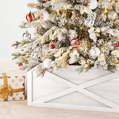 Glitzhome 32.25" L Washed White Wooden Tree Collar, Tree Stand Cover Christmas Tree Skirt Tree Box