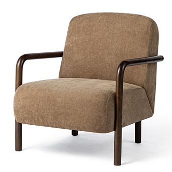 Glitzhome Modern Brown Fabric Thick Armchair, Accent Chair with Walnut Rubberwood Frame
