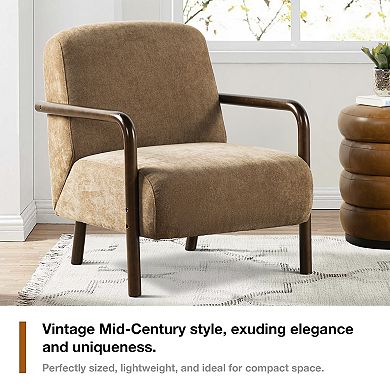 Glitzhome Modern Brown Fabric Thick Armchair, Accent Chair with Walnut Rubberwood Frame