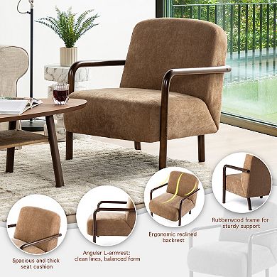 Glitzhome Modern Brown Fabric Thick Armchair, Accent Chair with Walnut Rubberwood Frame