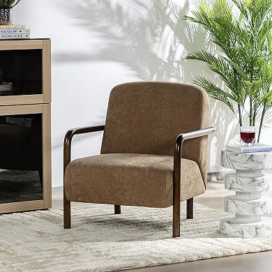 Glitzhome Modern Brown Fabric Thick Armchair, Accent Chair with Walnut Rubberwood Frame