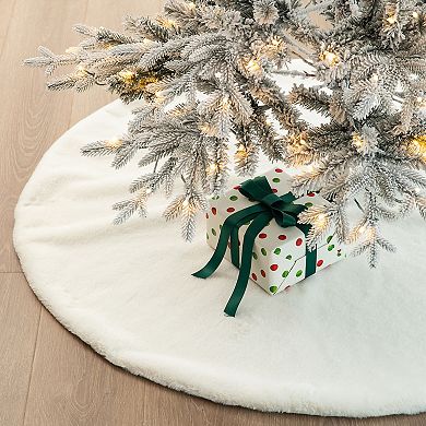 Glitzhome 48"D White Reversible Tree Skirt, Faux Rabbit Fur/Korean Fleece Tree Mat Cover