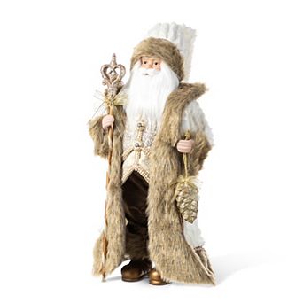 Glitzhome 18"H Christmas Woodland Santa Figurine, Faux Fur Standing Santa for Tabletop & Mantle