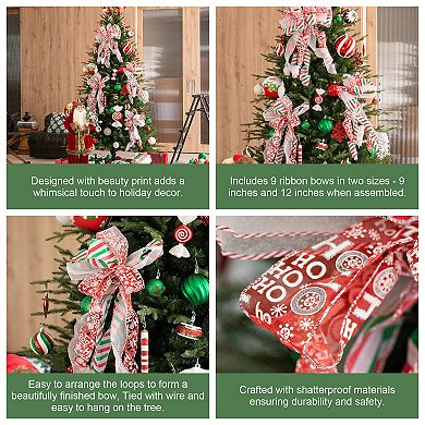 Glitzhome Set of 9 Red & Green Ribbon Bow Decor, 32"H Christmas Tree Ornaments Set