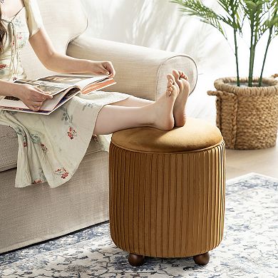 Glitzhome Modern Storage Ottoman, Pleated Velvet Upholstered Accent Stool
