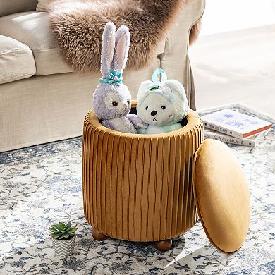 Glitzhome Modern Storage Ottoman, Pleated Velvet Upholstered Accent Stool