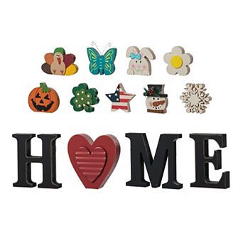 Glitzhome 13 pc Interchangeable HOME Tabletop Sign, Wooden Table Decor with Seasonal Icons