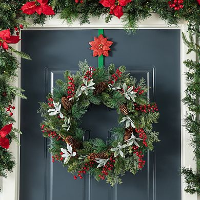 Glitzhome 14-inch Christmas Wreath Hangers, Metal Door Hangers with Snowflake & Poinsettia Design