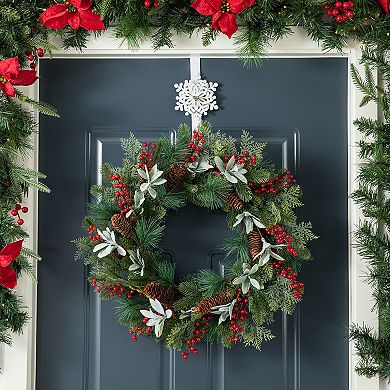 Glitzhome 14-inch Christmas Wreath Hangers, Metal Door Hangers with Snowflake & Poinsettia Design