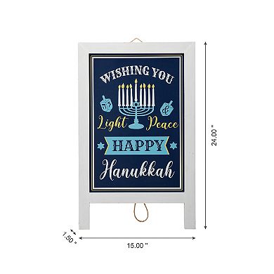 Glitzhome 24"H Hanukkah Wooden Porch Sign, “Happy Hanukkah” Standing Decor