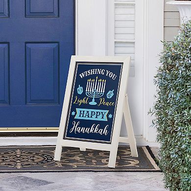 Glitzhome 24"H Hanukkah Wooden Porch Sign, “Happy Hanukkah” Standing Decor