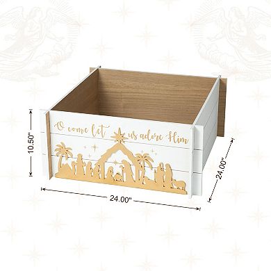 Glitzhome 24" L Wooden Nativity Scene Tree Collar, Tree Stand Cover Christmas Tree Skirt Box