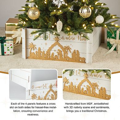 Glitzhome 24" L Wooden Nativity Scene Tree Collar, Tree Stand Cover Christmas Tree Skirt Box