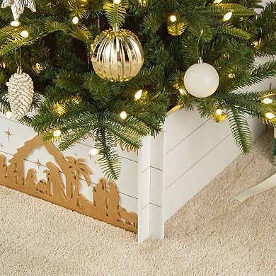 Glitzhome 24" L Wooden Nativity Scene Tree Collar, Tree Stand Cover Christmas Tree Skirt Box