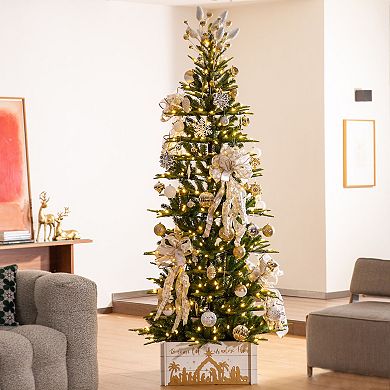 Glitzhome 24" L Wooden Nativity Scene Tree Collar, Tree Stand Cover Christmas Tree Skirt Box