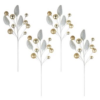 Glitzhome Set of 4 Silver & Gold Pinecone Picks, 24" H Tree Ornaments Set for Christmas Holiday