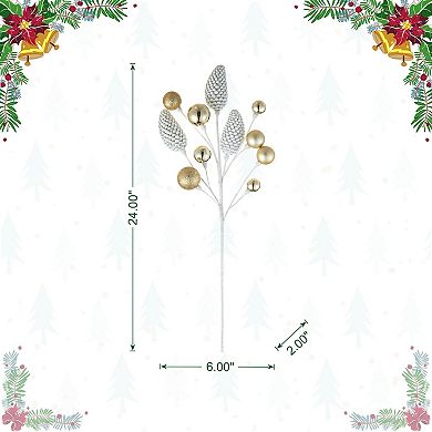 Glitzhome Set of 4 Silver & Gold Pinecone Picks, 24" H Tree Ornaments Set for Christmas Holiday