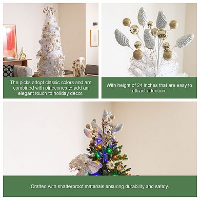 Glitzhome Set of 4 Silver & Gold Pinecone Picks, 24" H Tree Ornaments Set for Christmas Holiday