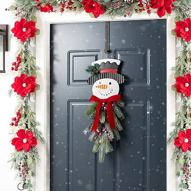 Glitzhome Greenery Snowman Door Hanger, 25"H Christmas Hanging Wall Decor