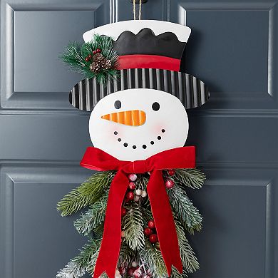 Glitzhome Greenery Snowman Door Hanger, 25"H Christmas Hanging Wall Decor