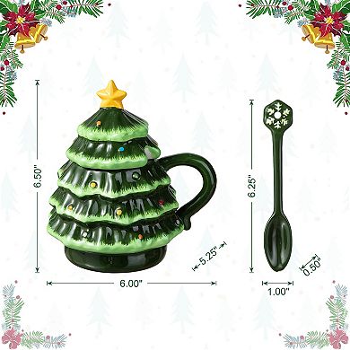 Glitzhome 6.5"H Christmas Tree Mug Table Decor, Ceramic Coffee Cup with Lid and Spoon
