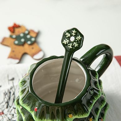 Glitzhome 6.5"H Christmas Tree Mug Table Decor, Ceramic Coffee Cup with Lid and Spoon