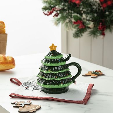 Glitzhome 6.5"H Christmas Tree Mug Table Decor, Ceramic Coffee Cup with Lid and Spoon