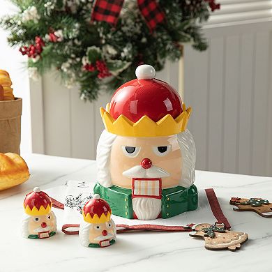 Glitzhome 3 Piece Dolomite Cookie Jar Set, Christmas Nutcracker Table Decor