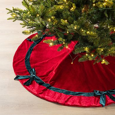 Glitzhome 48"D Velvet Christmas Tree Skirt with Bows, Red Tree Mat Cover For Home Decoration