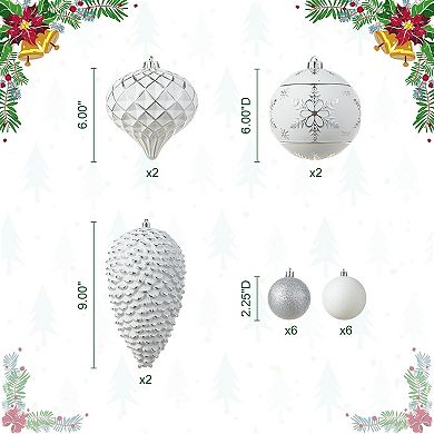 Glitzhome 18ct Shatterproof Ornaments, Silver Deluxe Large Decorative Hanging Balls Ornaments