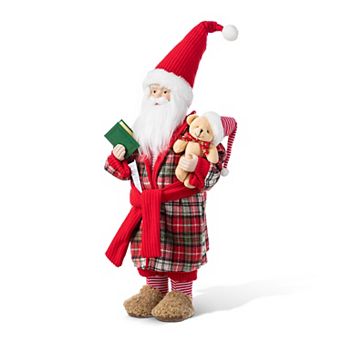 Glitzhome 18"H Christmas Bathrobe Santa Figurine, Faux Fur Standing Santa for Tabletop & Mantle