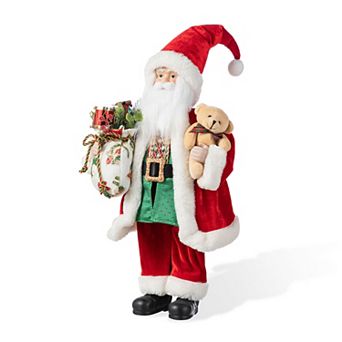Glitzhome 18"H Faux Fur Santa Figurine, Christmas Traditional Standing Santa Table Decor