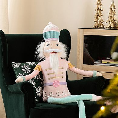 Glitzhome 60"H Oversized Fabric Nutcracker Decor, Christmas Sitting Decor With Dangle Legs