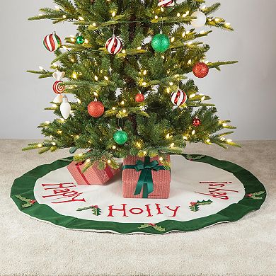 Glitzhome 48" D Christmas Round Dimensional Tree Skirt, Felt Holly Leaves Tree Ornaments Skirt