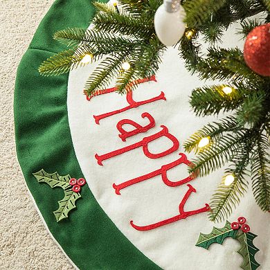 Glitzhome 48" D Christmas Round Dimensional Tree Skirt, Felt Holly Leaves Tree Ornaments Skirt