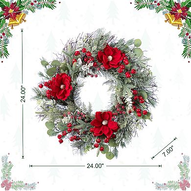 Glitzhome 24"D Red Mangnolia & Berry Wreath, Hanging Wreath Decor for Christmas Holiday