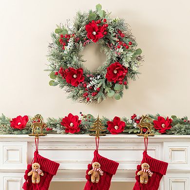 Glitzhome 24"D Red Mangnolia & Berry Wreath, Hanging Wreath Decor for Christmas Holiday