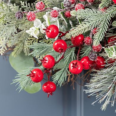 Glitzhome 24"D Red Mangnolia & Berry Wreath, Hanging Wreath Decor for Christmas Holiday