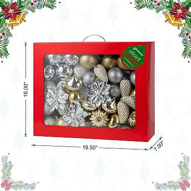 Glitzhome Christmas Tree Ornaments - 160 Pc Deluxe Boxed Silver & Gold Shatterproof Ornaments Set