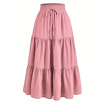 Women Summer Boho Elastic High Waist Pleated A-Line Flowy Ruffle Swing Tiered Long Beach Maxi Skirt