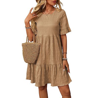 Womens Summer Spring Dresses Round Neck Short Sleeve Casual Trendy Flowy  Pleated Sundress