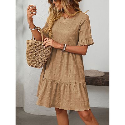 Womens Summer Spring Dresses Round Neck Short Sleeve Casual Trendy Flowy  Pleated Sundress
