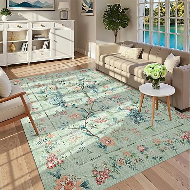 Garvee Floral & Peacock Washable Rug Soft Non Slip Farmhouse Carpet for Kitchen Bedroom Living Room