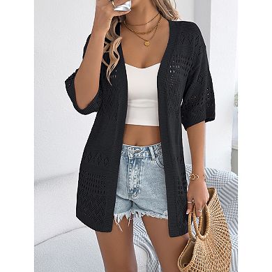 Women's Skeleton Plaid Short Sleeve Cardigan Top Knitted Light Sweater Beach Cover up